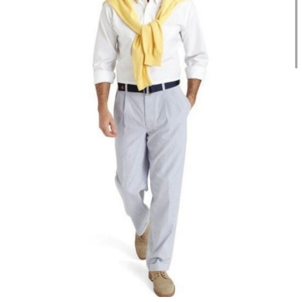 Brooks Brothers Elliot Seersucker Pleated Men's 36x34 Blue White Cuffed Pants - Picture 3 of 14